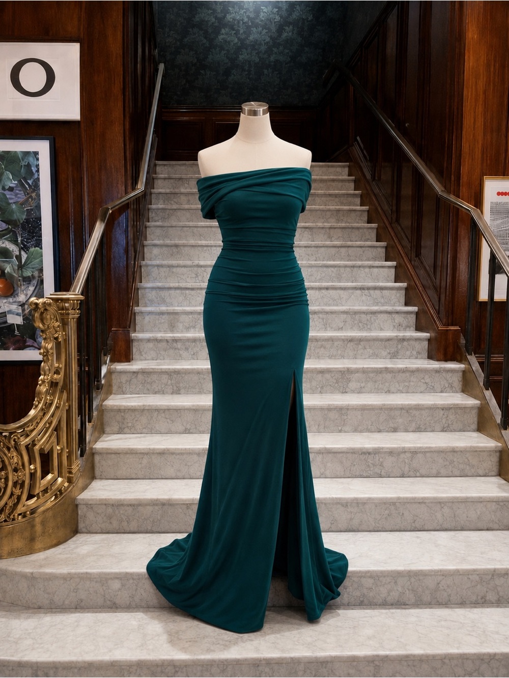 Club L London Emerald Green Off Shoulder Maxi Gown Slit Dress US 0